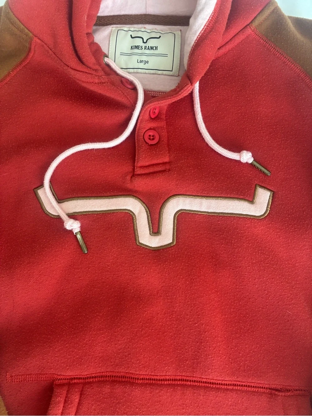 Kimes Ranch Red Hooded Sweatshirt with Brown Raglan Sleeves